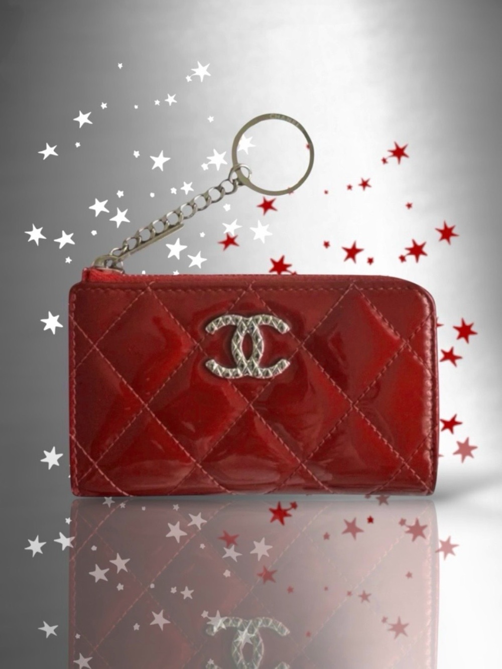 🩷CHANEL Quilted CC Logo Zip Coin Purse Wallet Key Holder RED Patent • Silver HW